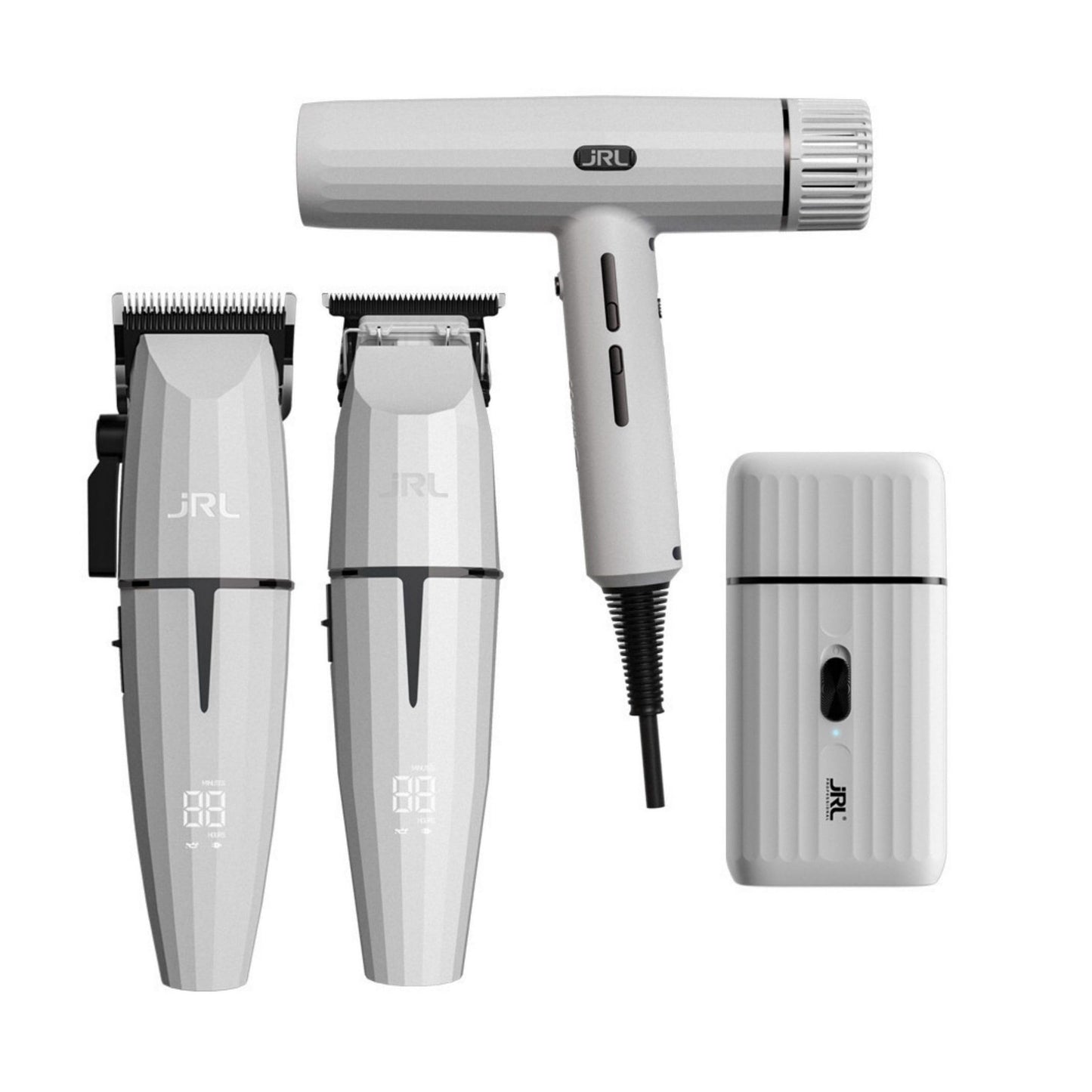 Matu griešanas mašīna JRL Ghost Combo Kit 3 Clipper Trimmer Shaver Haartrockner – profesionāls bezvadu bārddziņa komplekts ar matu griezēju, precīzijas trimmeri, skuvekli un fēnu frizierim un barbershop