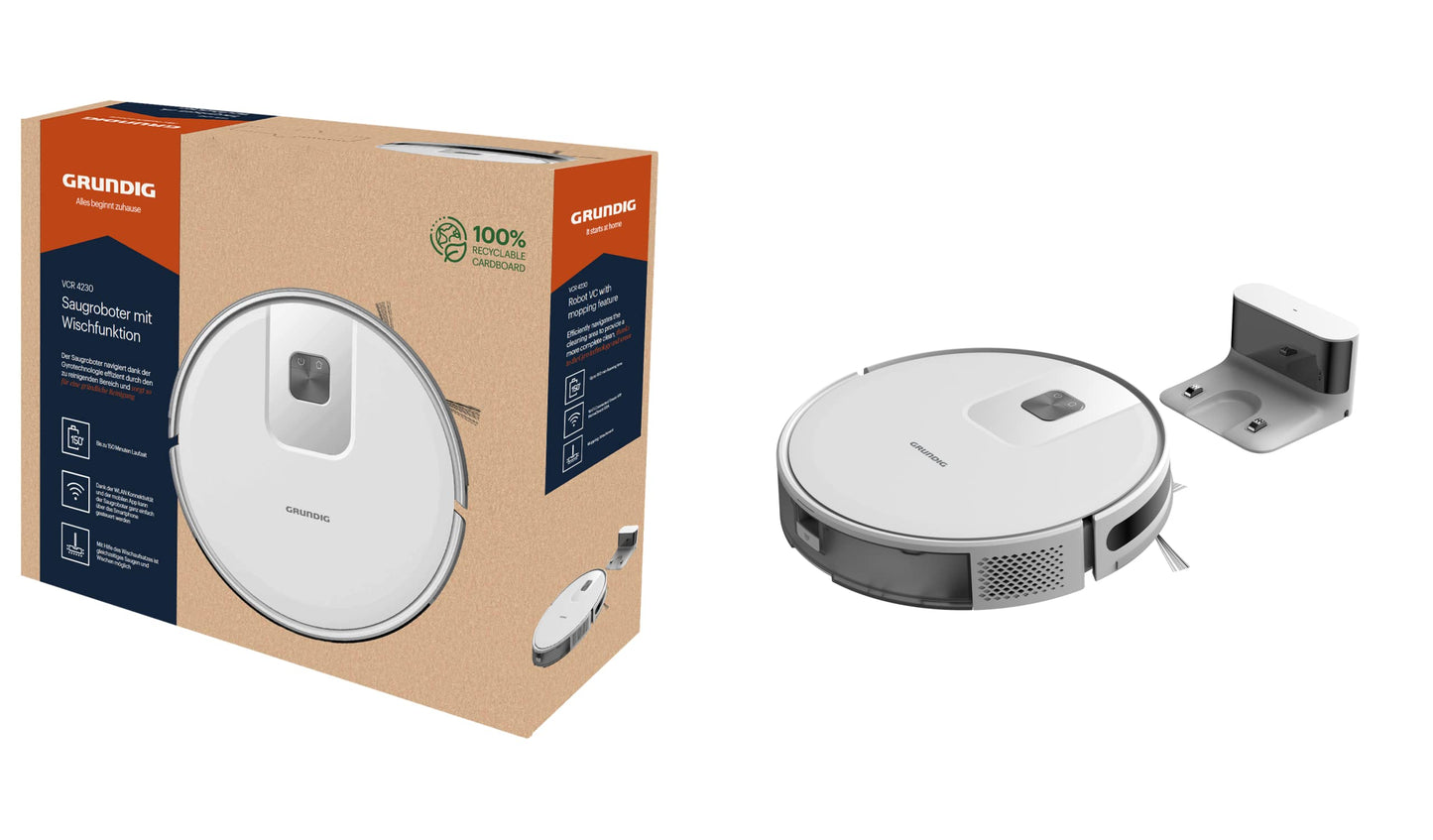 GRUNDIG VCR 4230 - 2000 Pa, žiroskopa tehnoloģija, 170 min darbības, 4 sūkšanas jaudas, 500 ml tvertne, lietotnes vadība, balts