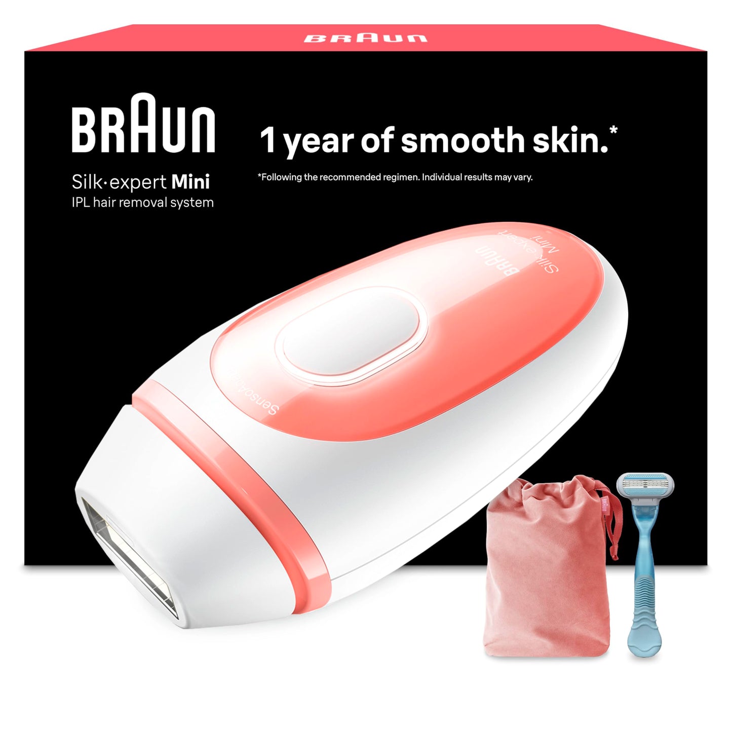 IPL epilators sievietēm Braun Silk Expert Pro Mini, redzama matiņu noņemšana, ar ceļojumu maciņu, alternatīva lāzerepilācijai, PL1014, balts/rozā