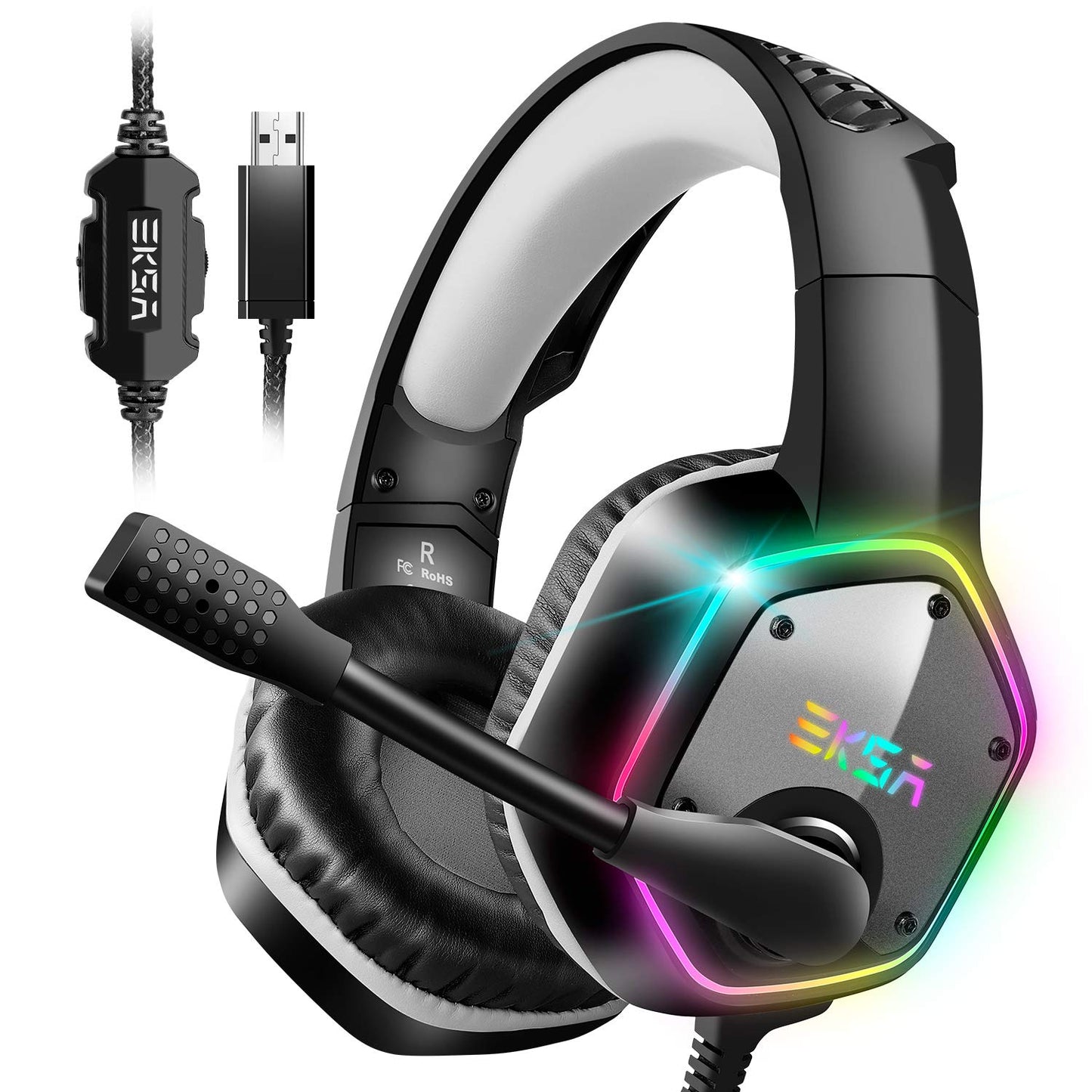 USB spēļu austiņas EKSA E1000 datoram ar mikrofonu, telpisko basu skaņu un RGB apgaismojumu