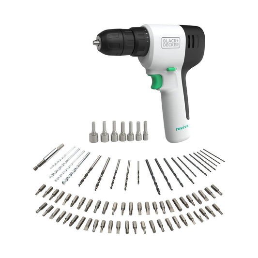 Black+Decker reviva 12V akumulatora urbjmašīna - ilgtspējīga, 10+1 griezes momenta, iekļauts lādētājs un 80 piederumi.