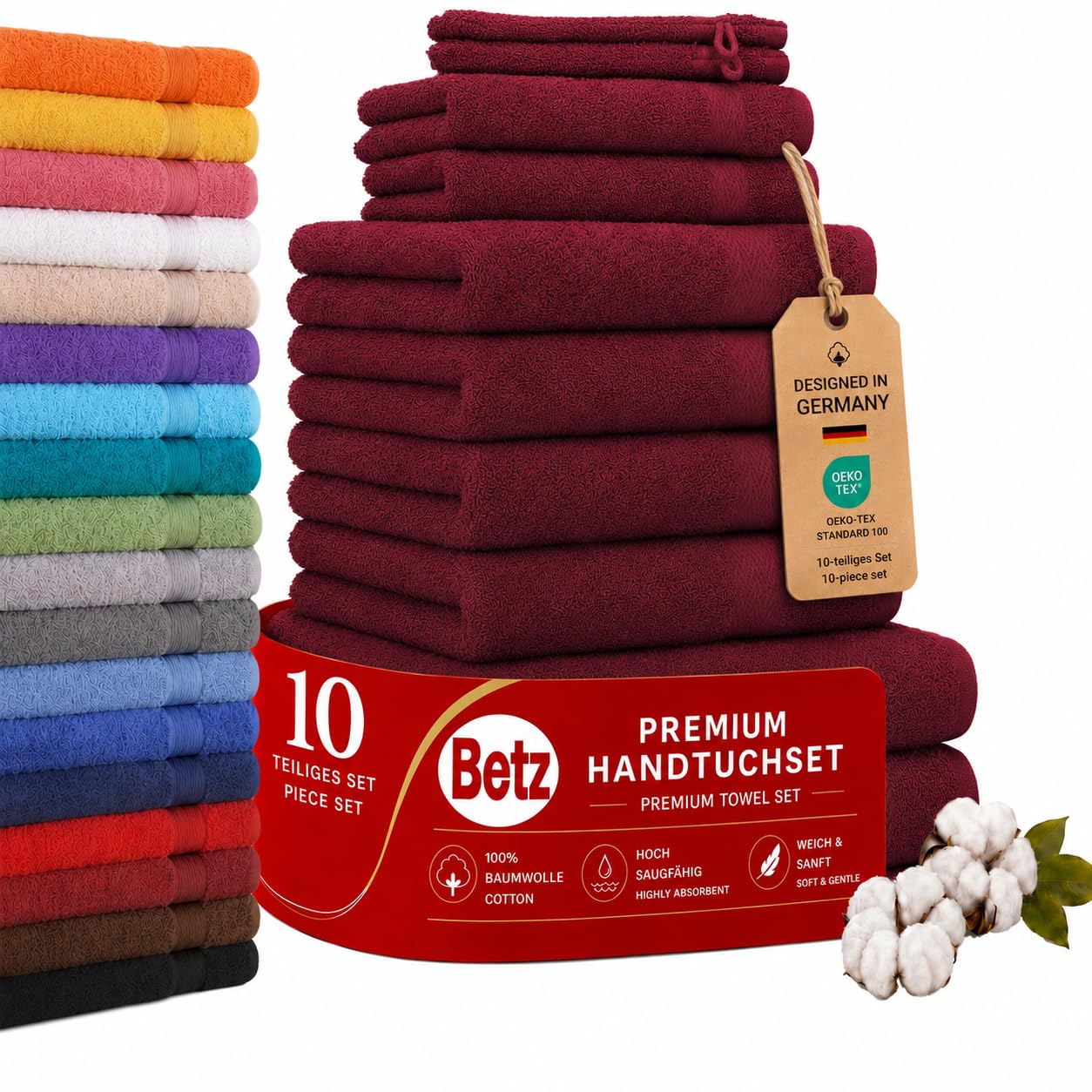 Dvielu komplekts Betz Premium, 10 daļas, 100% kokvilna, 4 dvieļi 50 x 100 cm, 2 lielie dušas dvieļi 70x140 cm, 2 viesu dvieļi 30 x 50 cm, 2 mazgāšanās cimdi, tumši sarkans