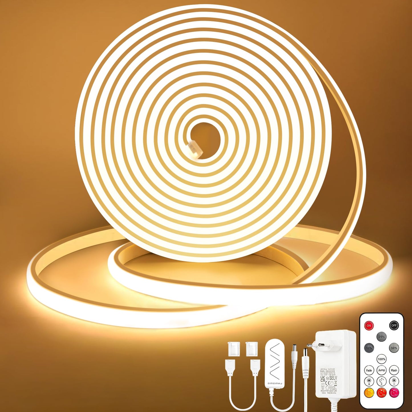 COB LED lente Lamomo 10m, silti balta, dimmējama neona lente ar tālvadības pulti
