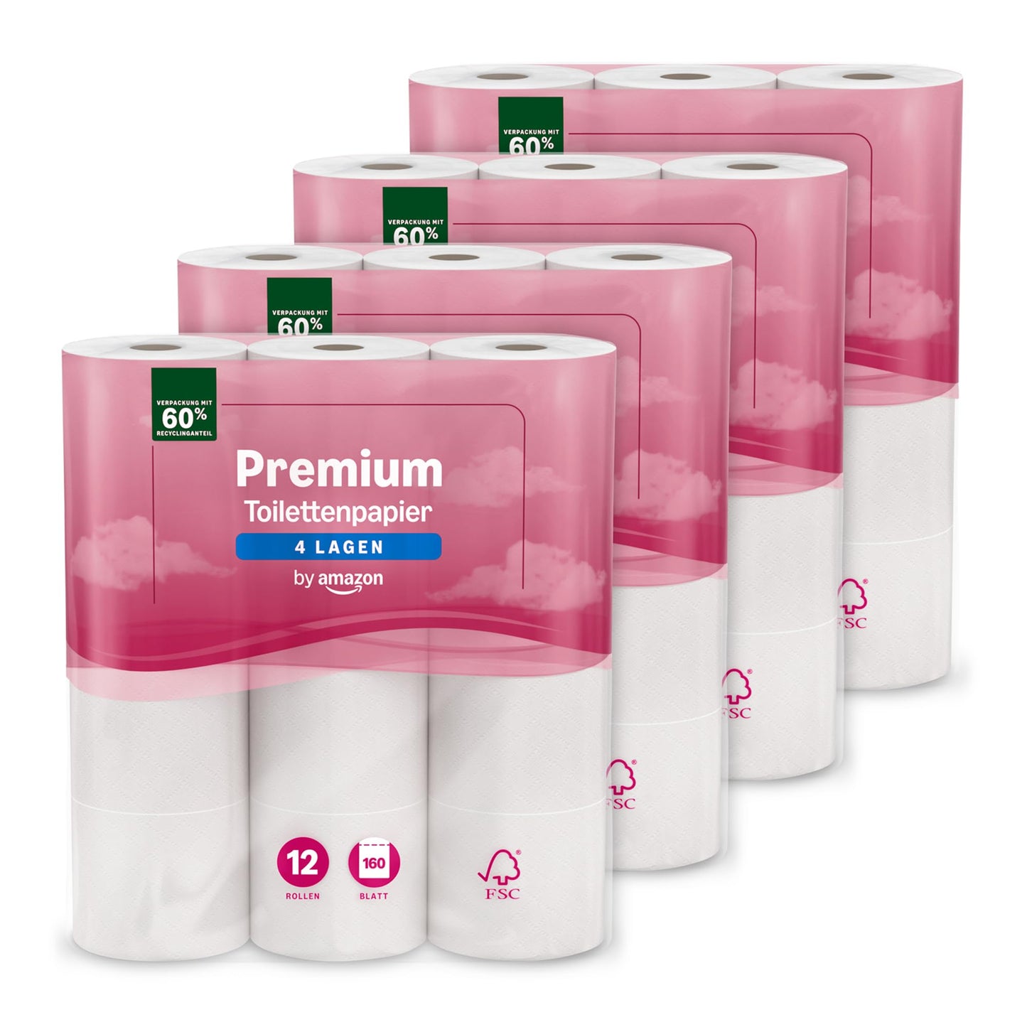 Premium klases tualetes papīrs by, 4 slāņi, 48 ruļļi (4 iepakojumi pa 12 ruļļiem), 160 loksnes rullī, FSC sertificēts