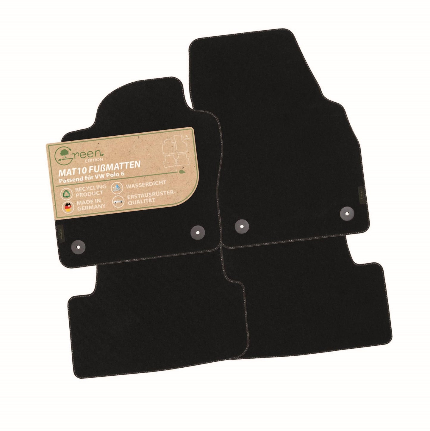 MAT10 Green Edition – Auto paklāji, kas piemēroti VW Polo 6 (BJ 09/2017-03/2021, tips AW) | ilgtspējīgs velūrs | automašīnu paklāju komplekts, 4 daļas | Ražots Vācijā, oriģinālais aprīkojums