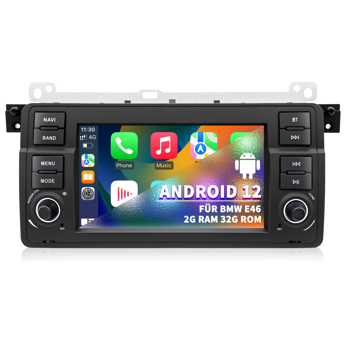 BMW E46 autoradio 1999–2004 ar CarPlay un Android Auto, Android 12, 2 GB RAM un 32 GB ROM