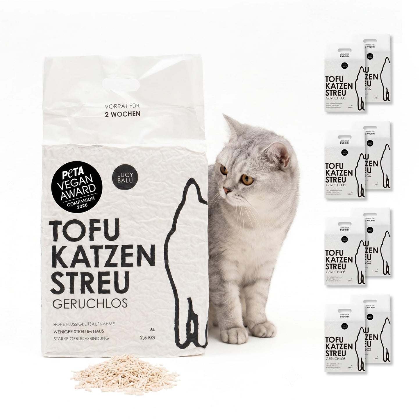 Kaķu pakaiši LucyBalu® TOFU, salipuši, putekļaini maz, noskalojami, bez smaržas