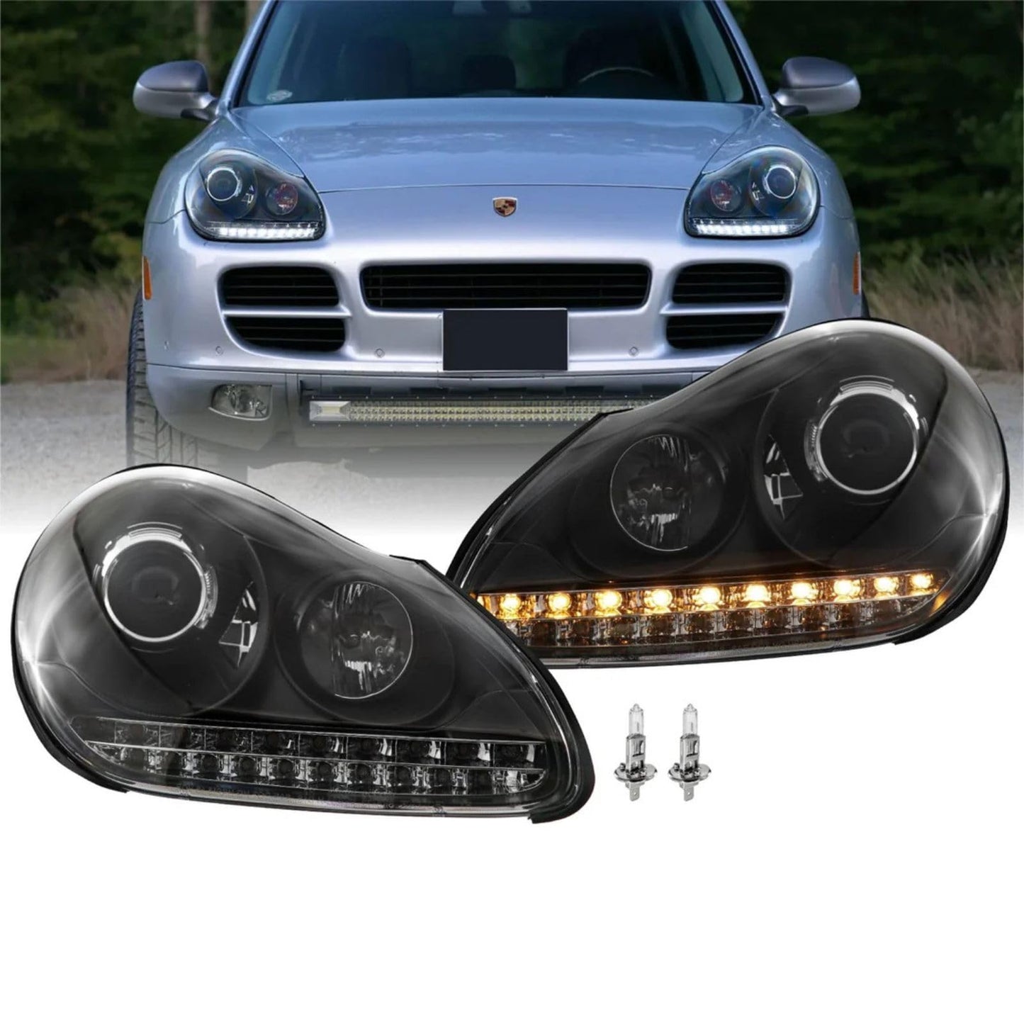 Xenona priekšējie lukturi komplekts melns Porsche Cayenne 9PA 955 2002–2006 ar LED pagrieziena rādītājiem