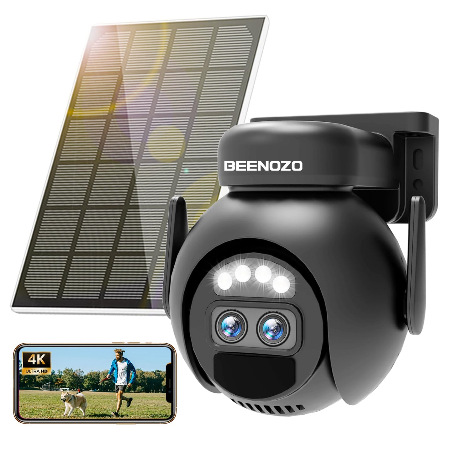 BEENOZO 4K Divu objektīvu uzraudzības kamera, WLAN, āra lietošanai, bezvadu, saules, IP kamera, ar 360° PTZ, nakts redzamību, krāsu nakts redzamību, PIR, divvirzienu audio, IP66