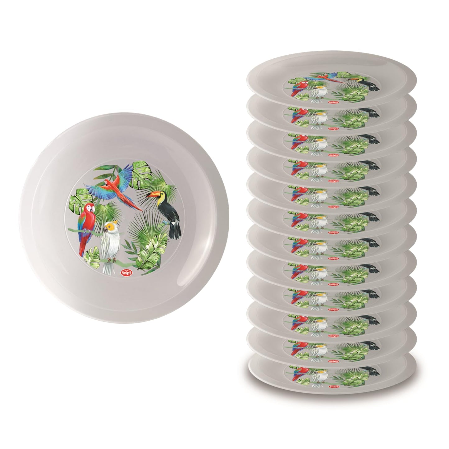 Snips, komplekts ar 12 mazgājamiem cietplastmasas šķīvjiem, atkārtoti lietojami plastmasas šķīvji, džungļu dekors, Ø 23,5 cm, ražots Itālijā.
