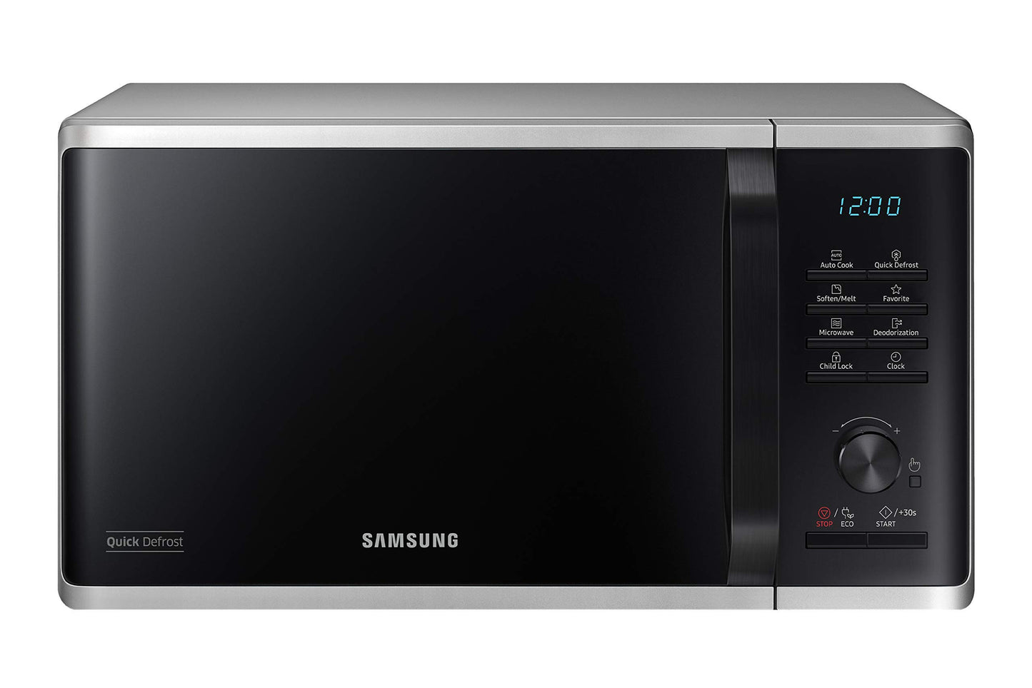 Samsung MS2AK3515AS/EG mikroviļņu krāsns, 800 W, 23 ℓ iekšējā telpa, 48,9 cm platums, skrāpējumiem izturīga keramikas emalja iekšpuse, QuickDefrost atkausēšanas programmas, sudraba.