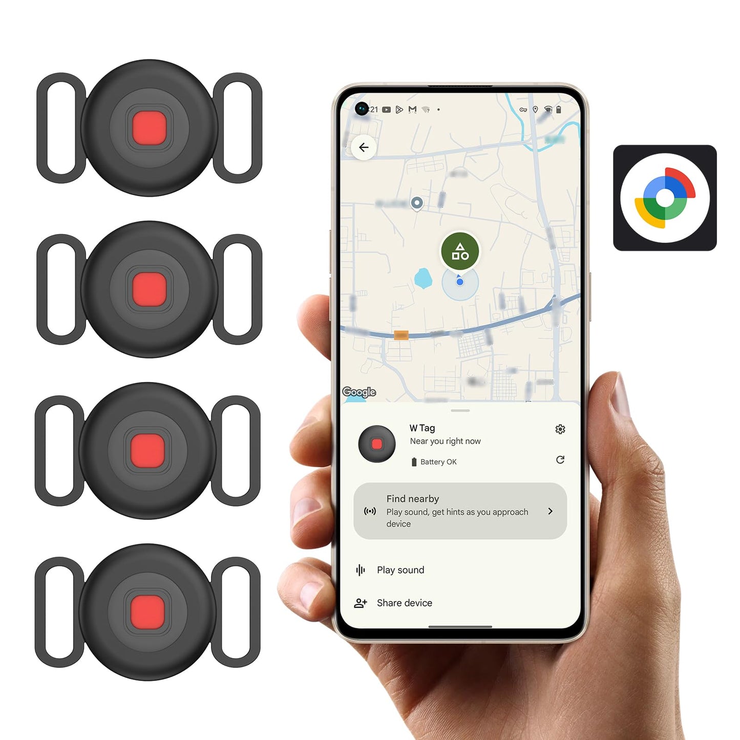 GPS trekeris sunim Android bez abonēšanas, kaķu un suņu izsekotājs kaklasiksnai, Android viedais tags ar Google Find Hub, ūdensizturīgs mājdzīvnieku lokalizētājs, 4 gab.
