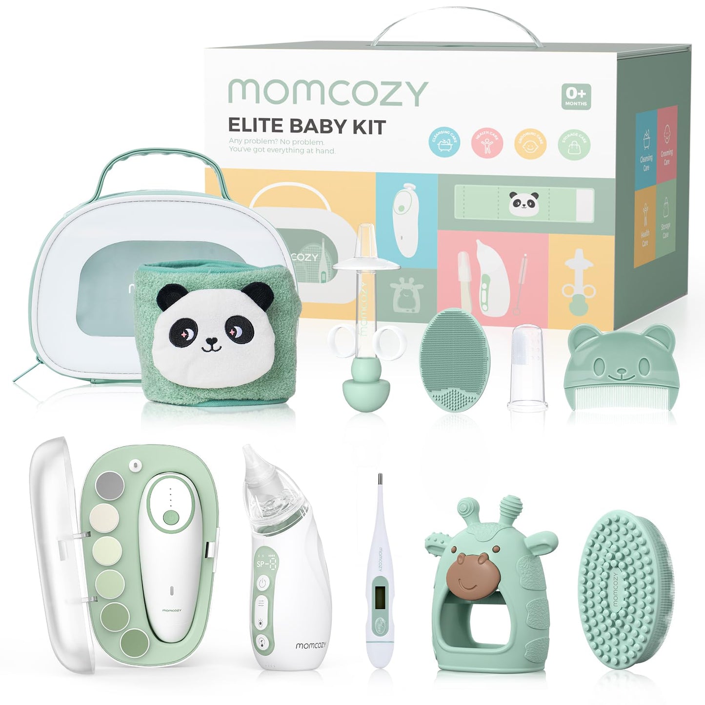 Momcozy Elite Baby Kit bērnu kopšanas komplekts, premium zīdaiņu dāvanu un pirmās nepieciešamības komplekts, kopšanai, veselībai un tīrīšanai, elektriska nagu vīlīte un deguna aspirators, sildoša josta, termometrs, vannas birste, zobgrauznis