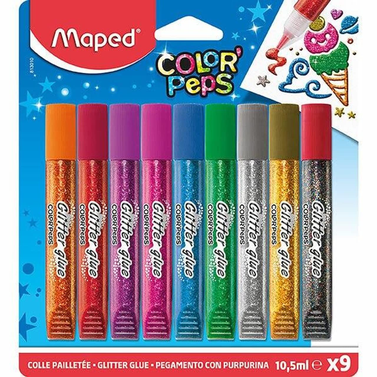 Gliterējošs līmes zīmulis Maped 813010 COLOR'PEPS, 9 tūbiņas pa 10,5 ml