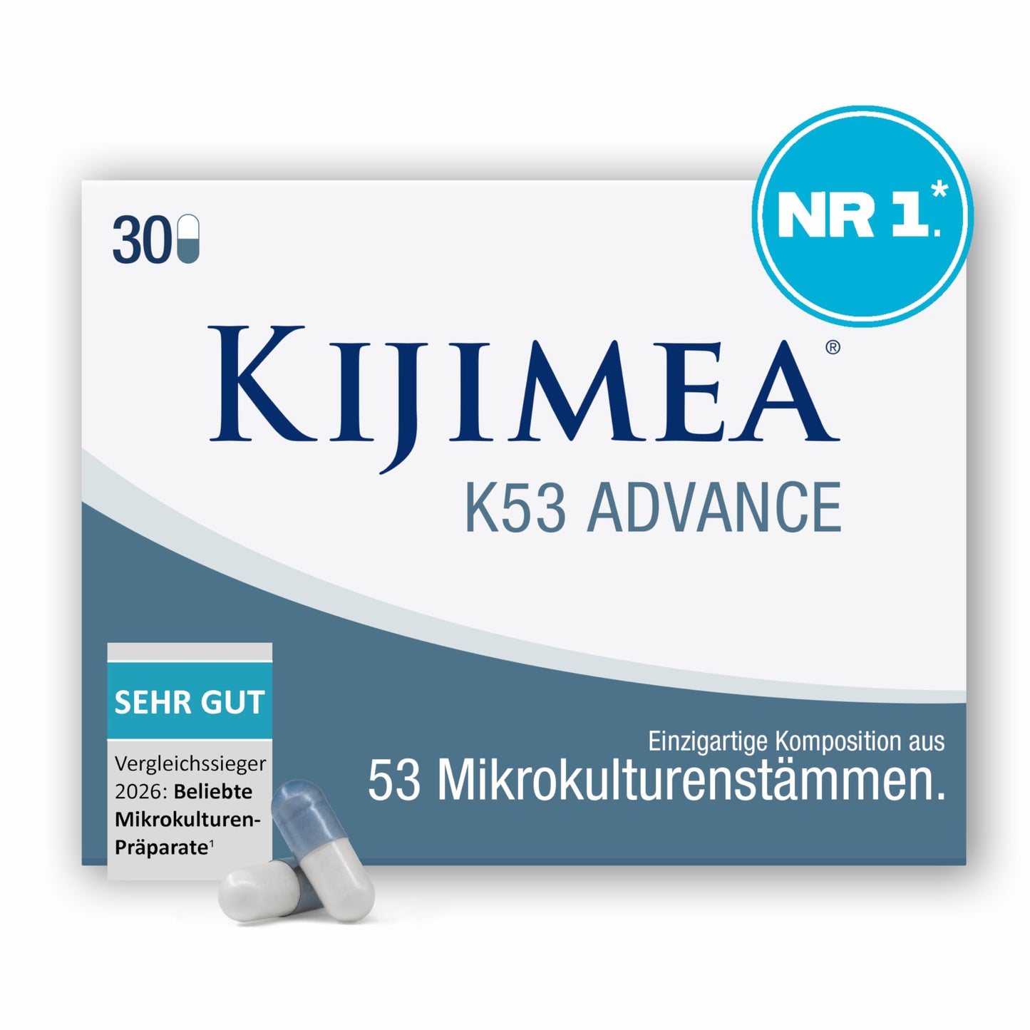 Kijimea® K53 Advance – zarnu baktērijas, augsta deva, 53 atlasīti baktēriju celmi no zarnu mikrofloras, ar biotīnu, >500 miljardi KVV mēneša iepakojumā, bez laktozes, bez glutēna, 30 kapsulas