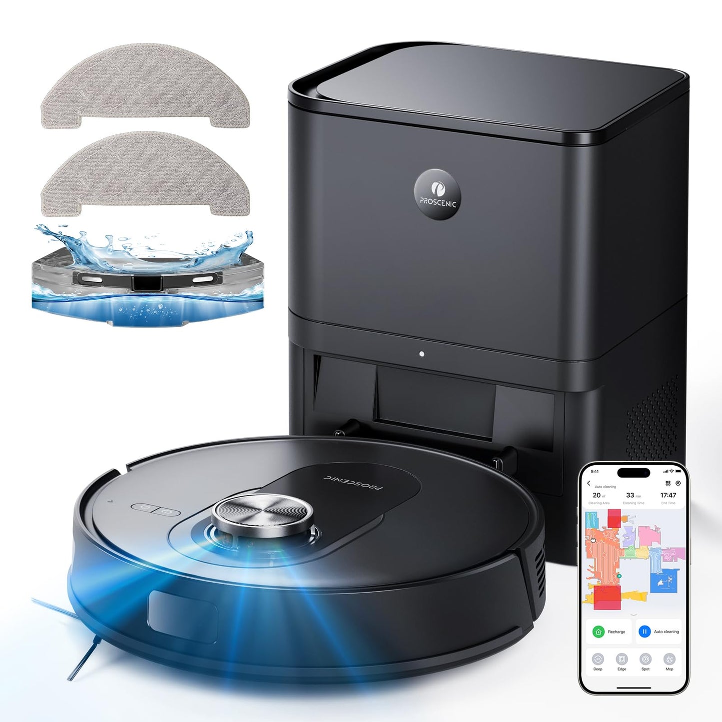 Proscenic Q8 Max robot vacuum - 5000Pa suction, 3L dust bag, 250mL water tank, app control, Alexa, Google, Siri compatible.