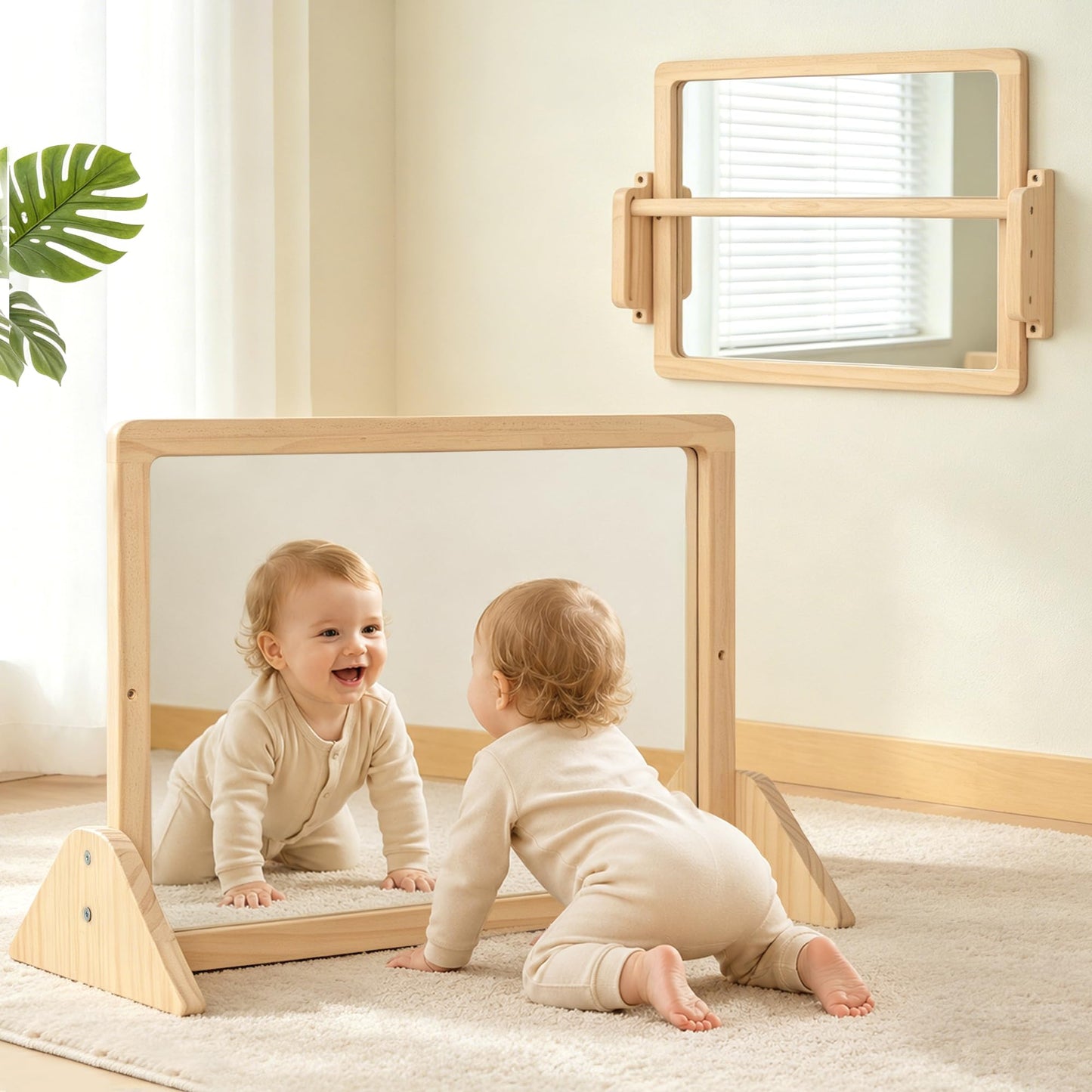 Brezlio Montessori spogulis ar stieni, augstumā regulējams bērnu koka spogulis piecelšanās un iešanas mācībām, drošs sienas spogulis ar pretapgāšanās stieni mazuļiem 6–18 mēneši (60 * 40)