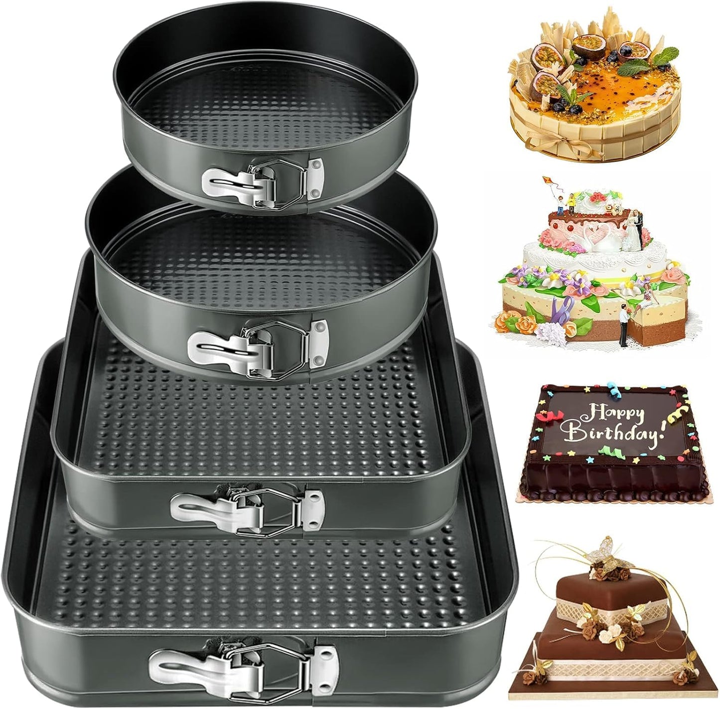 4 atsperu formu komplekts NCKIHRKK, apaļas 16/20 cm un taisnstūra 22/26 cm kūku formas, oglekļa tērauds, nepiedegošas, ar noņemamu pamatni, pelēkas