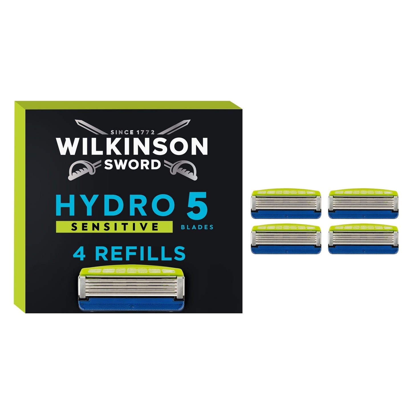 Skūšanās sistēma Wilkinson Sword Hydro 5 Sensitive vīriešiem, 4 rezerves asmeņi, mitrinoši gela rezervuāri un ādas aizsargstieņi