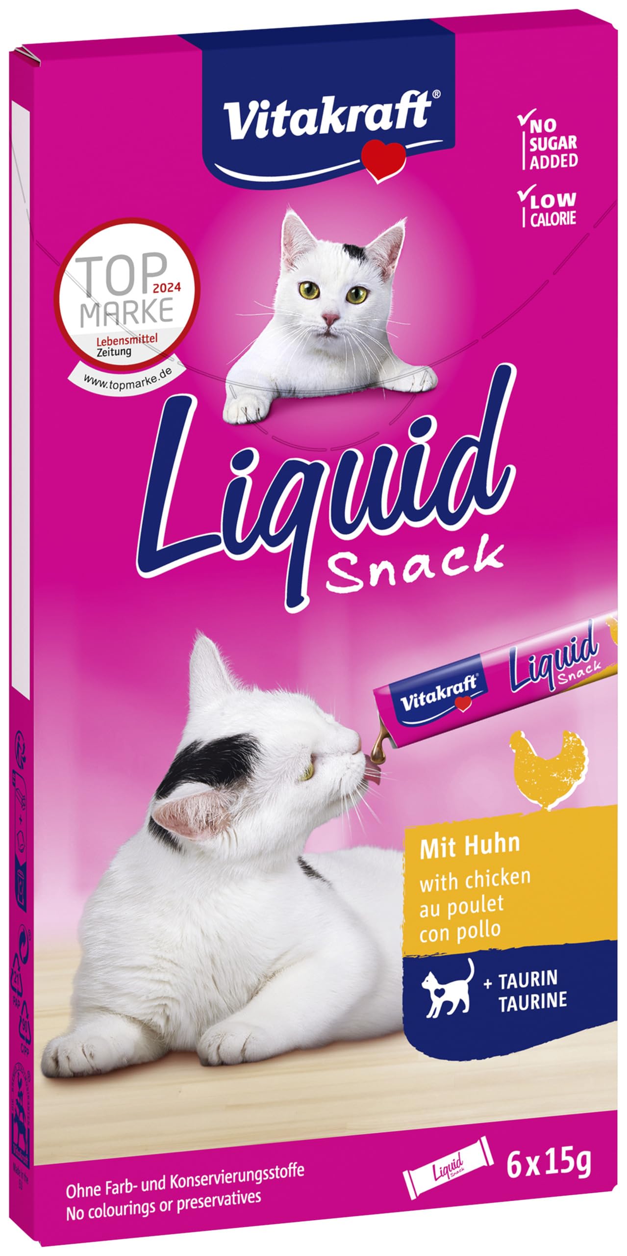 Vitakraft Liquid Snack kaķiem, krēmīga uzkoda ar vistu un taurīnu, 6 x 15g