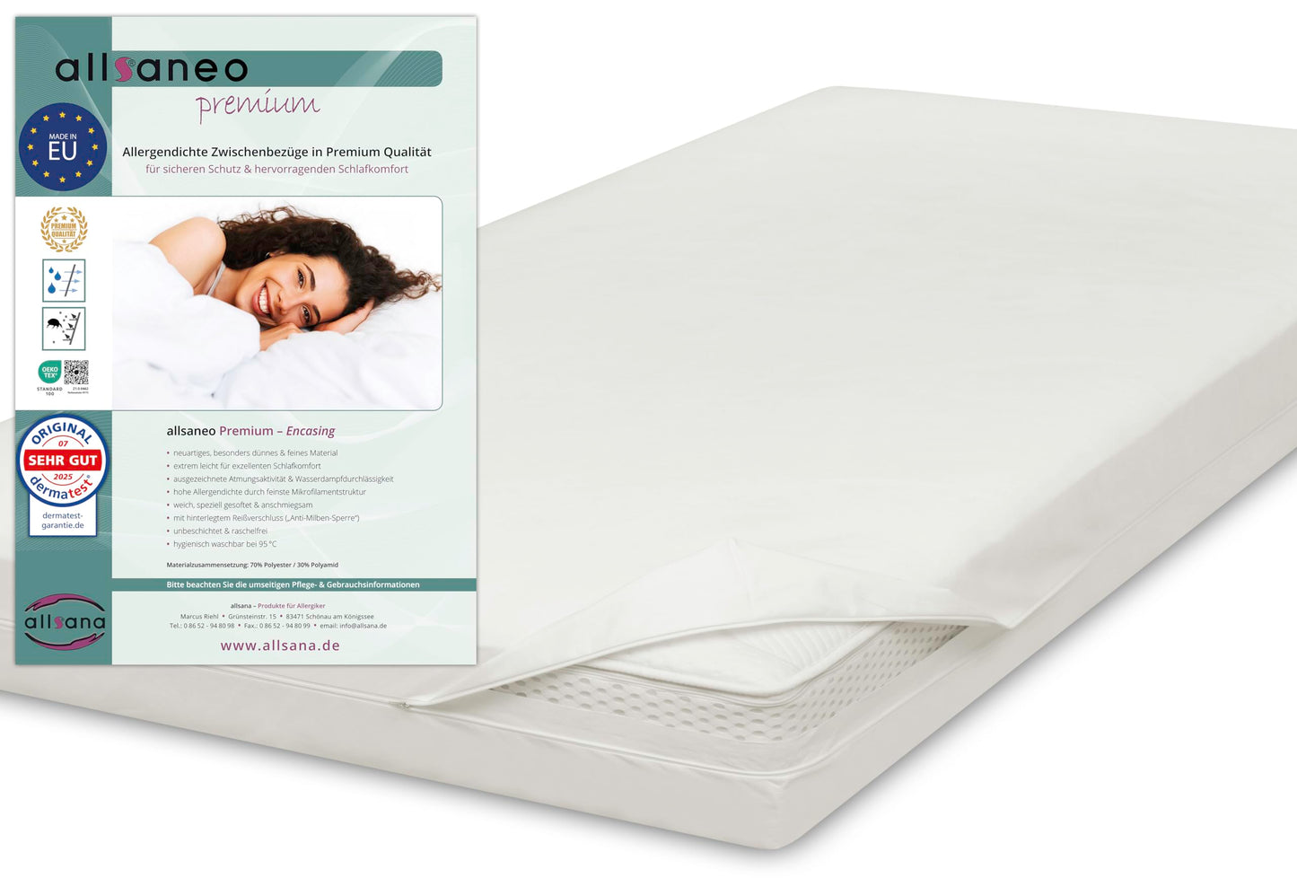 Matracis aizsarguzvalks allsaneo Premium Allergikeriem 180x200x20 cm | īpaši mīksts un viegls alerģijas pārvalks | pretputekļu ērcīšu encasing | aizsardzība pret ērcītēm | alergēnus necaurlaidīgs starpuzvalks | TÜV geprüf