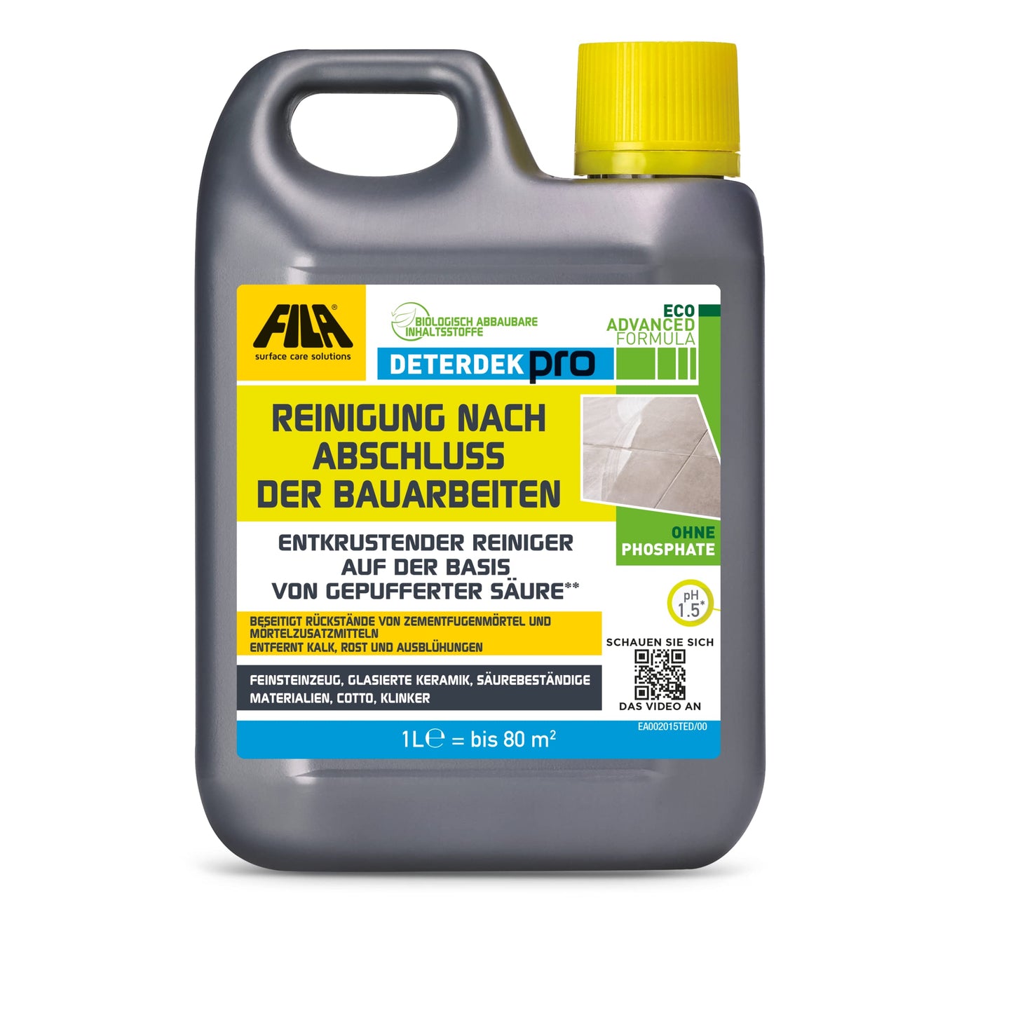 Grīdas tīrīšanas līdzeklis FILA Surface Care Solutions DETERDEK PRO, pretkaļķa tīrītājs uz buferētas skābes bāzes, pēc būvdarbiem, cementa atlikumu un rūsas noņemšanai, 1L