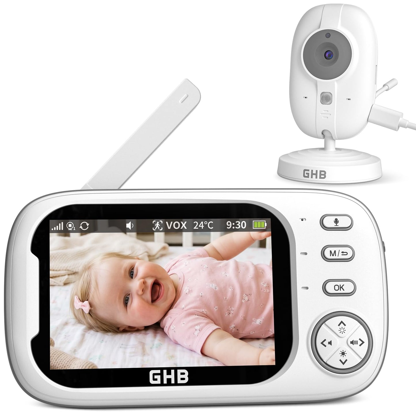 GHB baby monitors ar kameru, video baby monitor 3,5 collu LCD