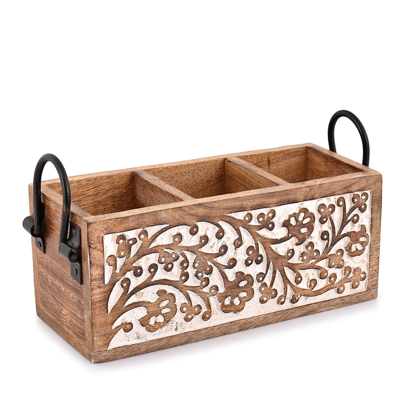 Galda piederumu turētājs Indus Lifespace no mango koka ar 3 nodalījumiem, daudzfunkcionāls desktop caddy virtuvei, darba virsmai, rakstāmgaldam 27,94 cm x 10,16 cm x 11,43 cm