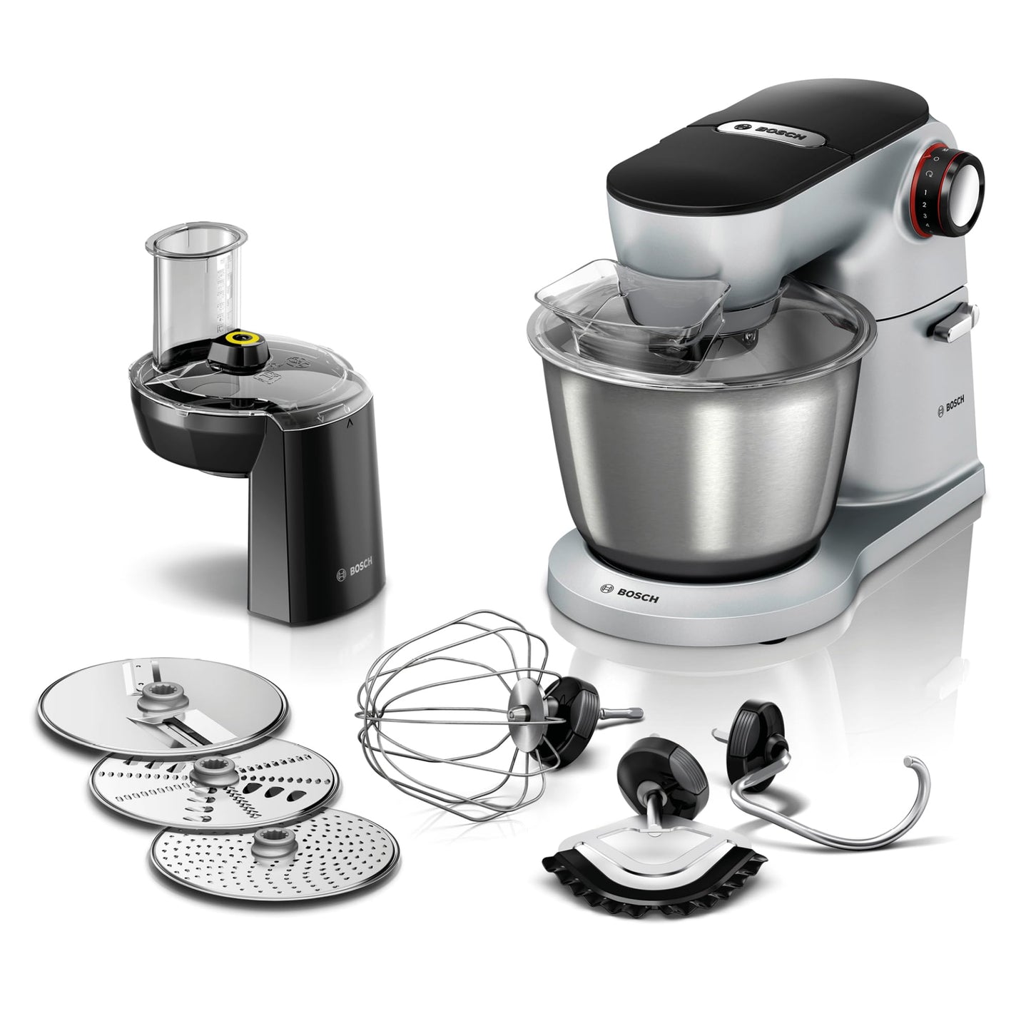 Bosch virtuves mašīna sērija 8 MUM9D33S11, nerūsējošā tērauda bļoda 5,5 L, planētas maisītājs, profesionāls mīcīšanas āķis, putotājs, silikona slotiņa, 7 darba posmi, caurplūdes dārzeņu griezējs, 3 diski, 1600 W, sudrabs