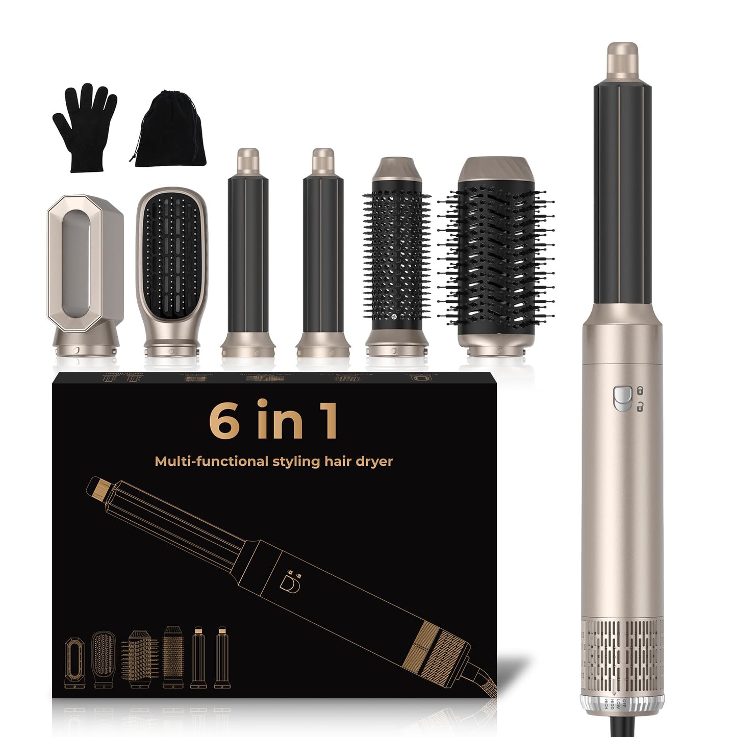 Airstyler 6 in 1 MogaWave – 1000w matu veidotājs, 30mm lokšķēres, joniskais fēns, apjoms un gludināšana