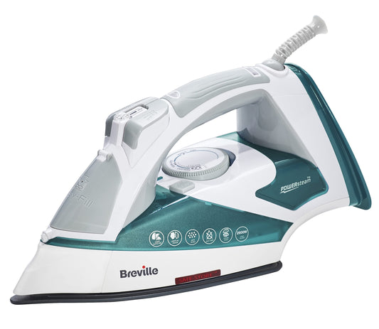 Breville Powersteam - 2600W steam iron, ceramic soleplate, 220g steam boost, vertical steam 50g/min, auto shut-off, white/turquoise.