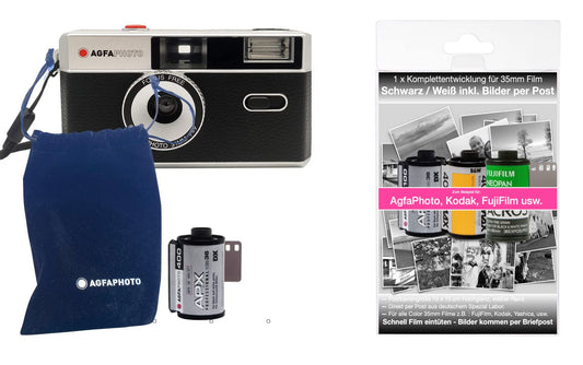 1. AgfaPhoto analoģiska 35mm mazo attēlu filmu foto kamera melna + Melnbaltā attēlu filma + Akumulators + PILNĪGA FILMAS ATTĒLOŠANA + ATTĒLI
