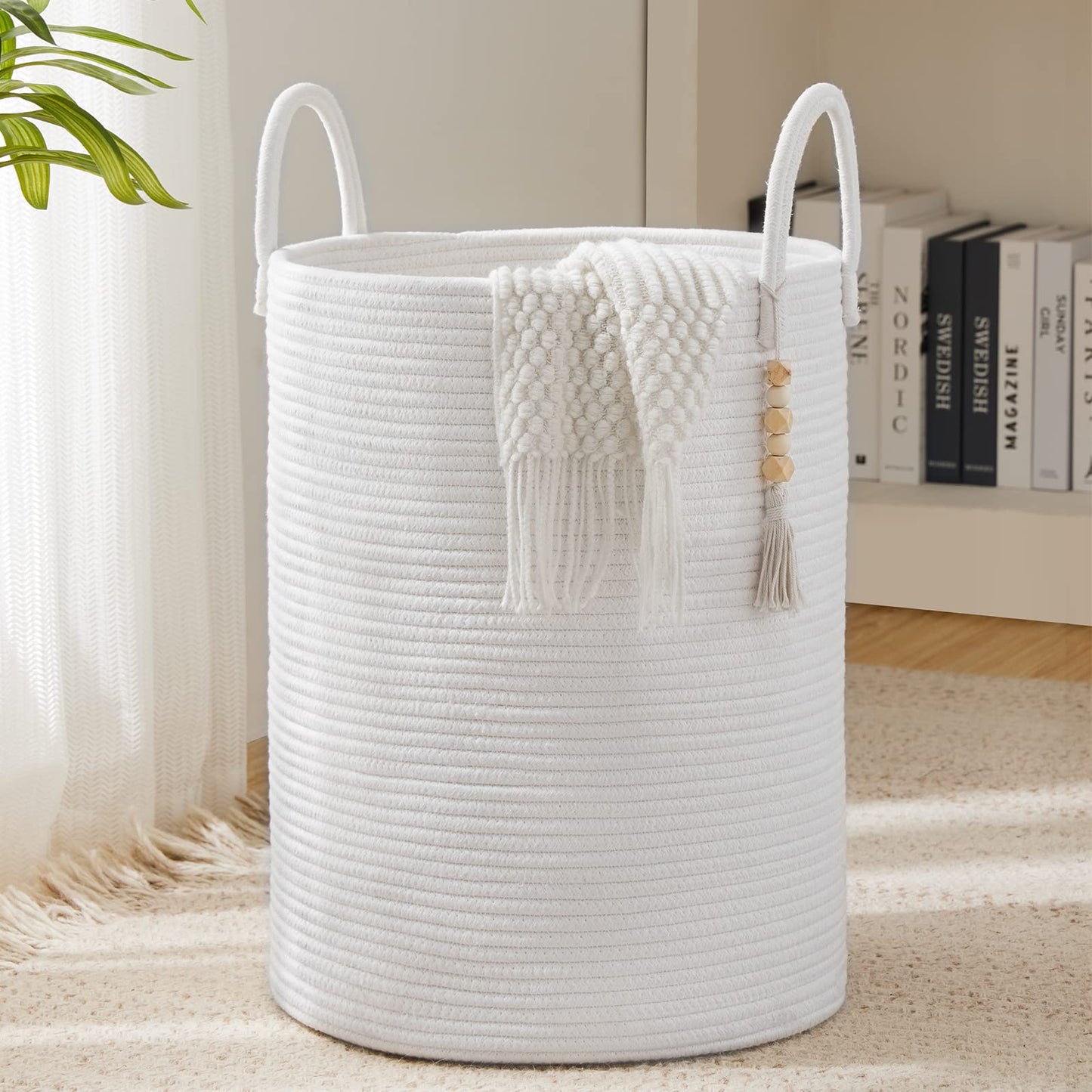 Pīts veļas grozs YOUDENOVA, veļas un rotaļlietu uzglabāšanas grozs ar rokturi, roku darbs no kokvilnas, tīri balts, 38cm(D) x50cm(H)