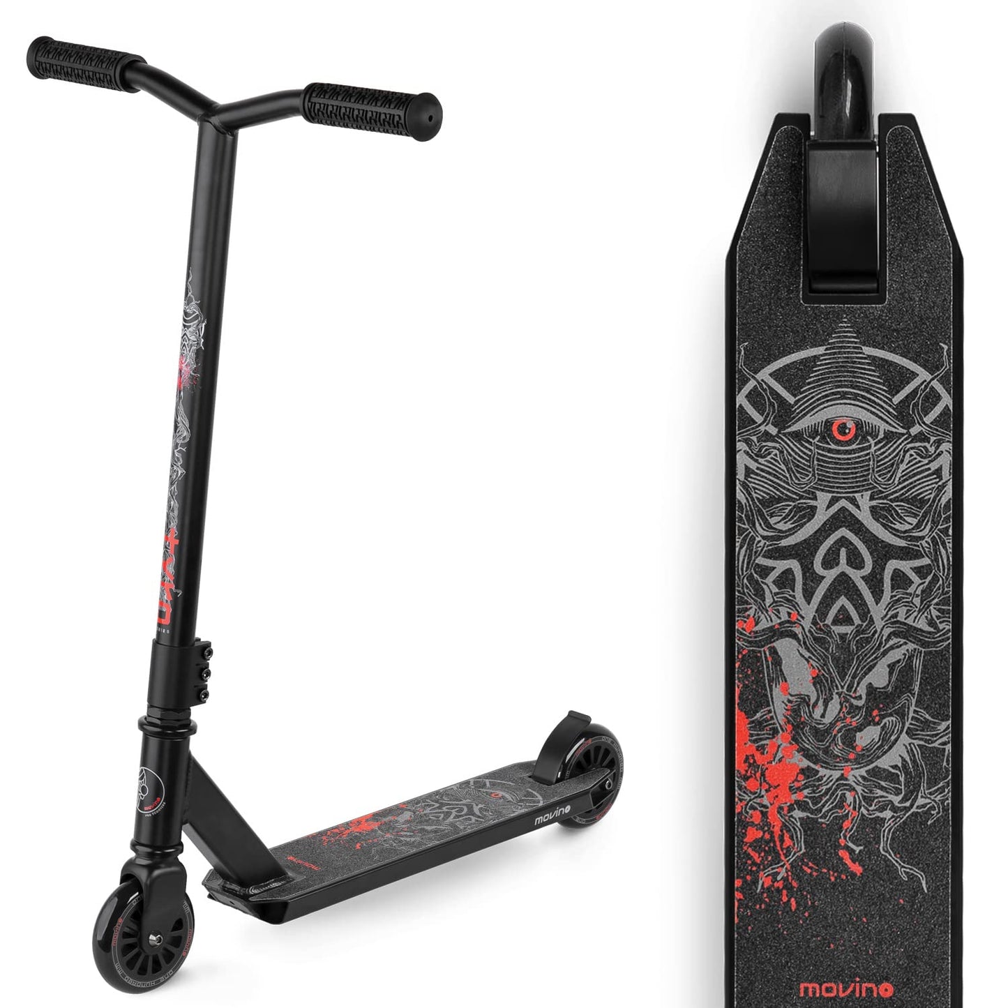 Triku skrejritenis Movino Tyro bērniem, freestyle skrejritenis, ABEC 9, kick skrejritenis bērniem ar 100mm riteni, 6061 alumīnija klājs, svars 2.89 kg, melns