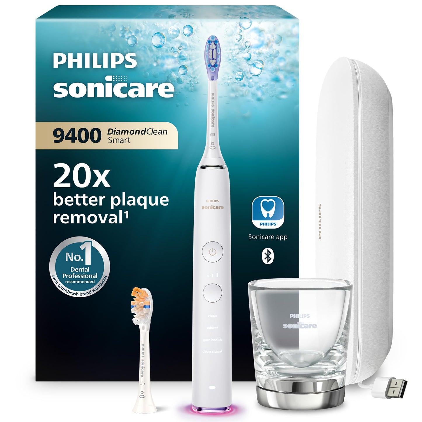 Philips Sonicare DiamondClean Smart 9400 elektriskā zobu birste, skaņas zobu birste ar lietotni, spiediena sensors, suku galviņu atpazīšana, 4 tīrīšanas režīmi un 3 intensitātes līmeņi, balta, modelis HX9917/88