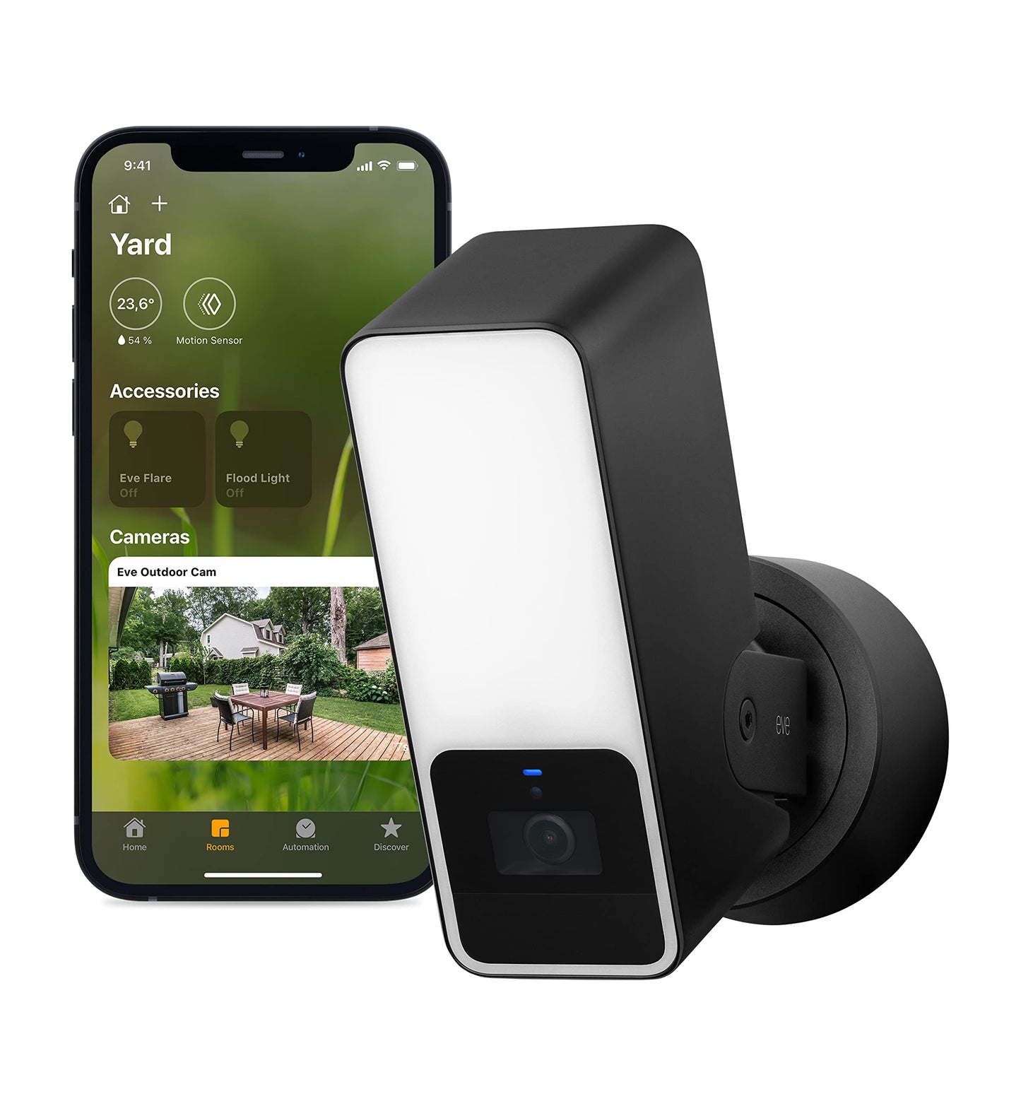 Eve Outdoor Cam – Gudrā uzraudzības kamera ar prožektoru, nakts redzamību, kustību sensoru, divvirzienu audio, elastīgu uzstādīšanu, Wi-Fi, augstāko datu aizsardzību, pateicoties Apple HomeKit Secure Video.