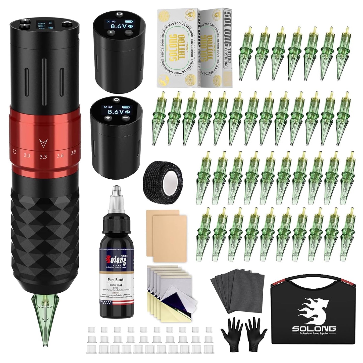 Tetovēšanas mašīnas komplekts Solong E75, 2 baterijas, 7 gājieni, bezvadu Rotary Tattoo Pen Gun ar LCD displeju, 40 kapsulu adatas, 30ML melna tinte iesācējiem un māksliniekiem SLE75KITEU-1