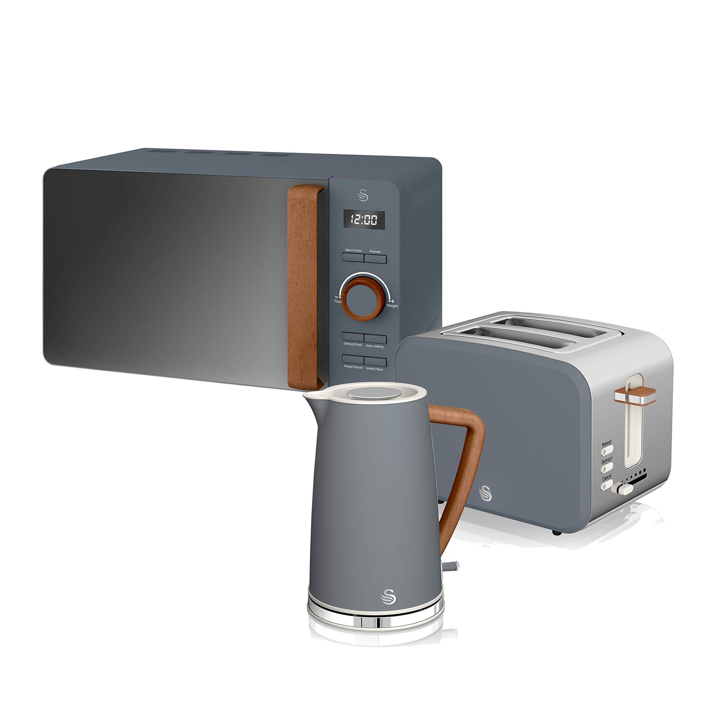 Swan Nordic brokastu komplekts, tējkanna 1,7 l, 2200 W, platās atveres tosteris 2 šķēlēm, digitālā mikroviļņu krāsns 20 l, moderns dizains, koka raksts, pelēks