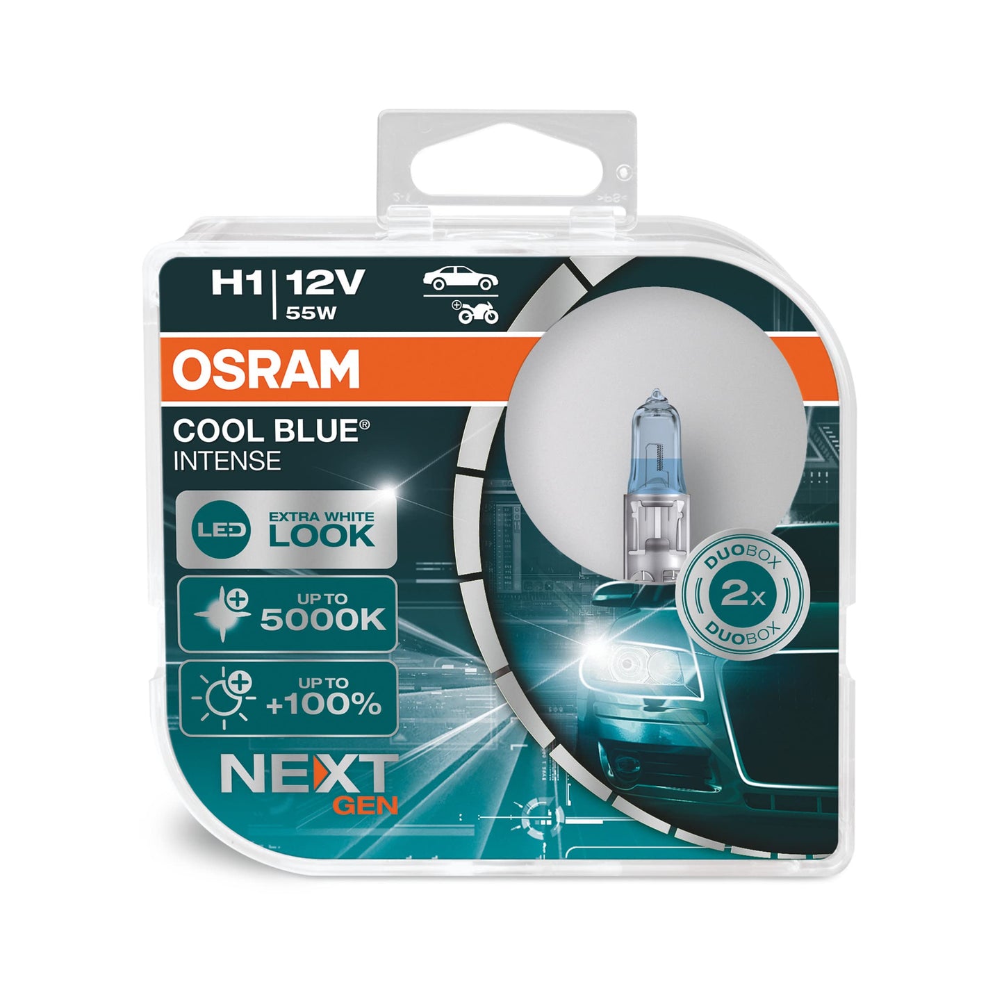 Osram Cool Blue Intense H1 halogēna priekšējo lukturu spuldze ar 100 procentiem lielāku spilgtumu, līdz 5.000K, LED izskats, Duo Box