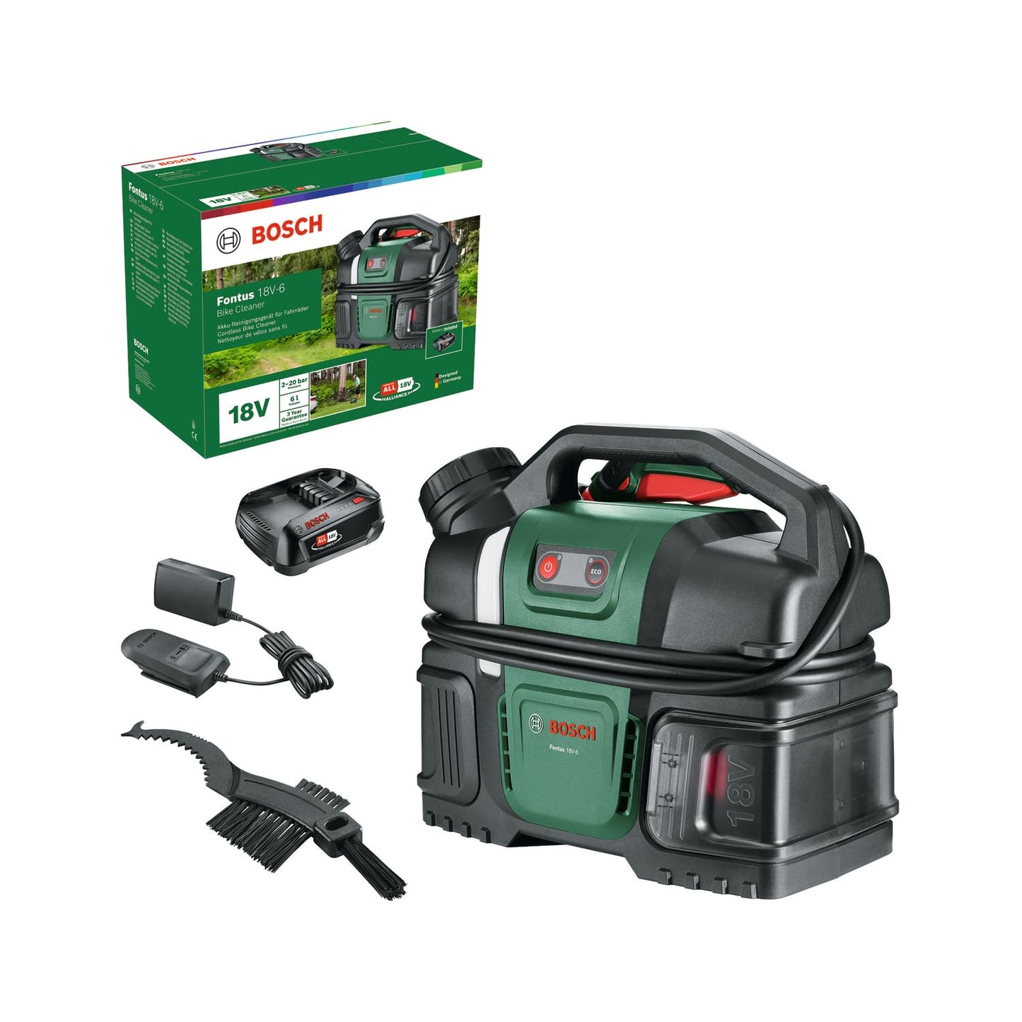 Akumulatora augstspiediena mazgātājs Bosch Fontus 18V-6 velosipēdiem, mobilais, mini, 6-L ūdens tvertne, 8 spiediena līmeņi, šļūtenes un pistoles uzglabāšana, 1 x 2,0 Ah 18V akumulators un lādētājs