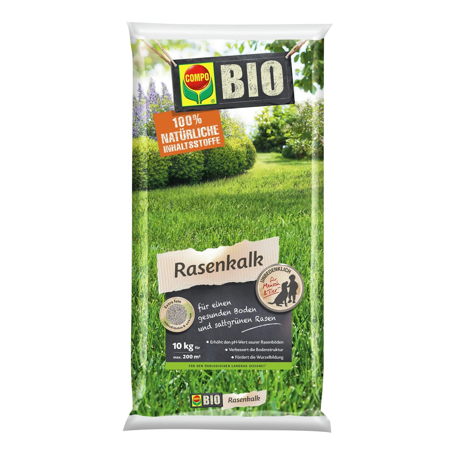 Rasens kalks COMPO BIO augsnes pH paaugstināšanai skābām augsnēm, 200 m², smalkgranulas, 10 kg