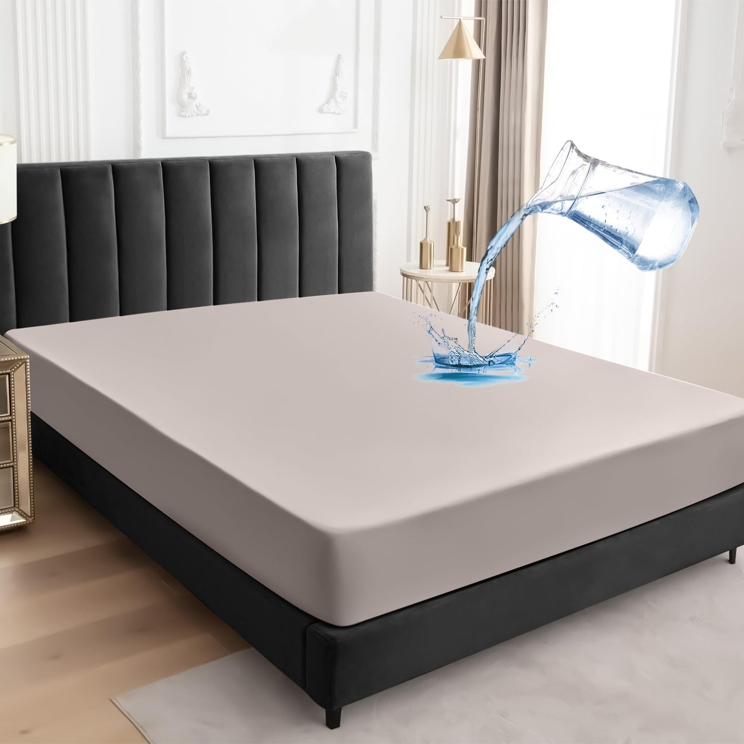 Ūdensnecaurlaidīgs matrača aizsargs 180x200 cm ar gumiju, elpojošs matrača pārvalks, ūdensizturīgs matrača pārsegs, neslīdošs palags - bēšs