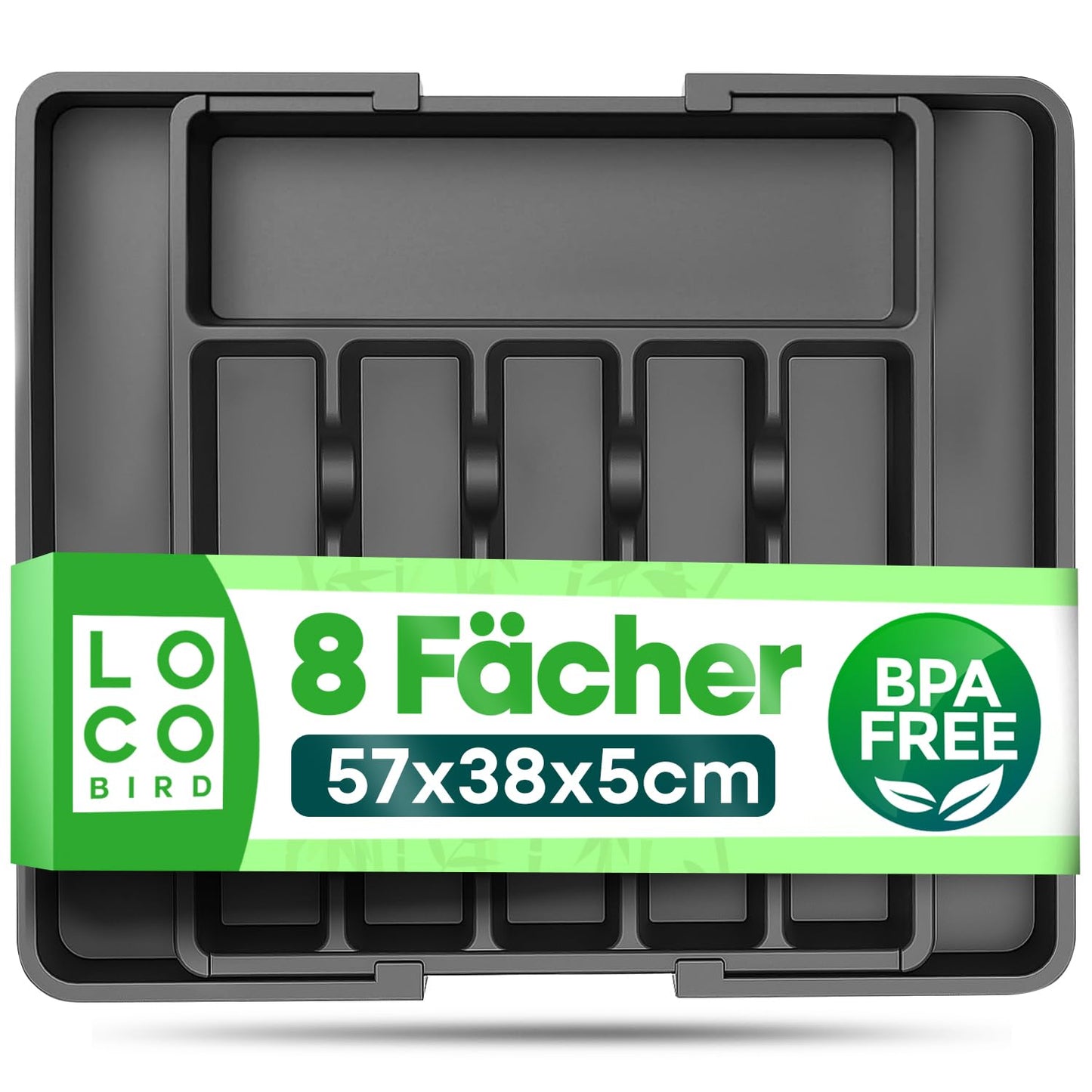 Loco Bird galda piederumu organizators atvilktnei, izvelkams līdz 50cm, regulējams plastmasas galda piederumu ieliktnis, virtuves atvilktņu organizators