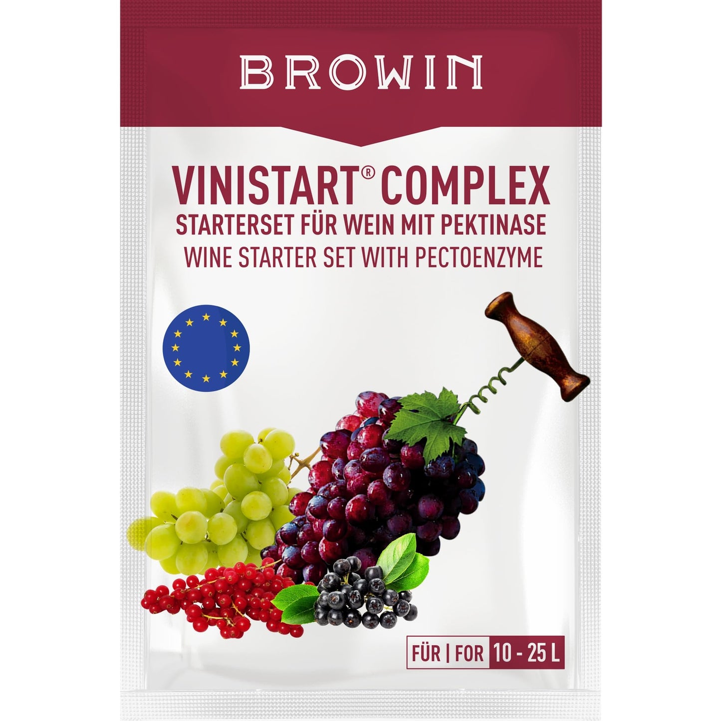 Browin Vinistart Complex 400401 vīna raugs 10-25 L baltvīnam un sarkanvīnam no augļiem, līdz 17% alkohola, ar barības vielām, vitamīniem un minerālvielām, ātrai fermentācijai