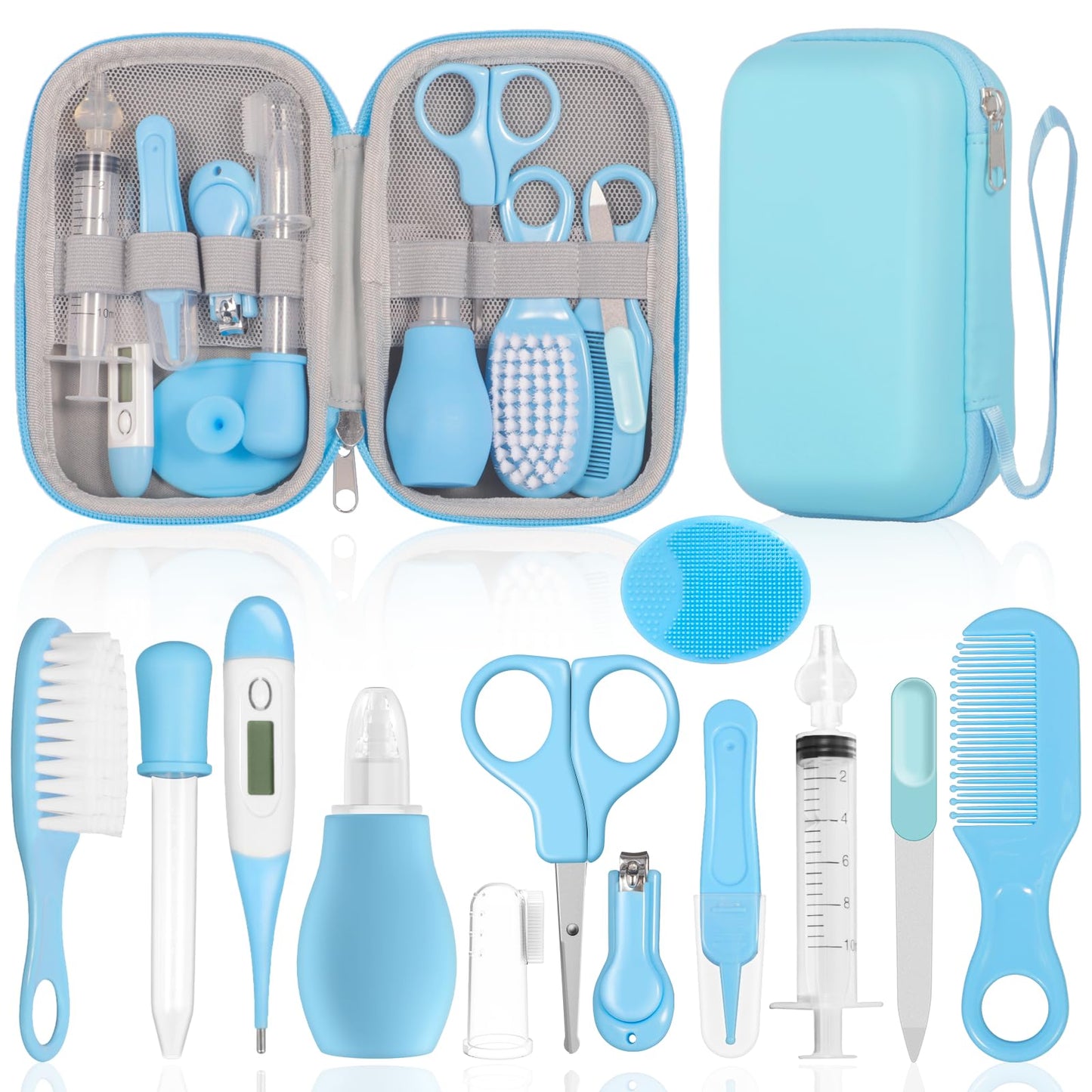 Bērnu kopšanas komplekts DEPAR, 13 daļas, jaundzimušo baby care set ar bērnu nagu šķērītēm, birsti un drošības piederumiem, zils