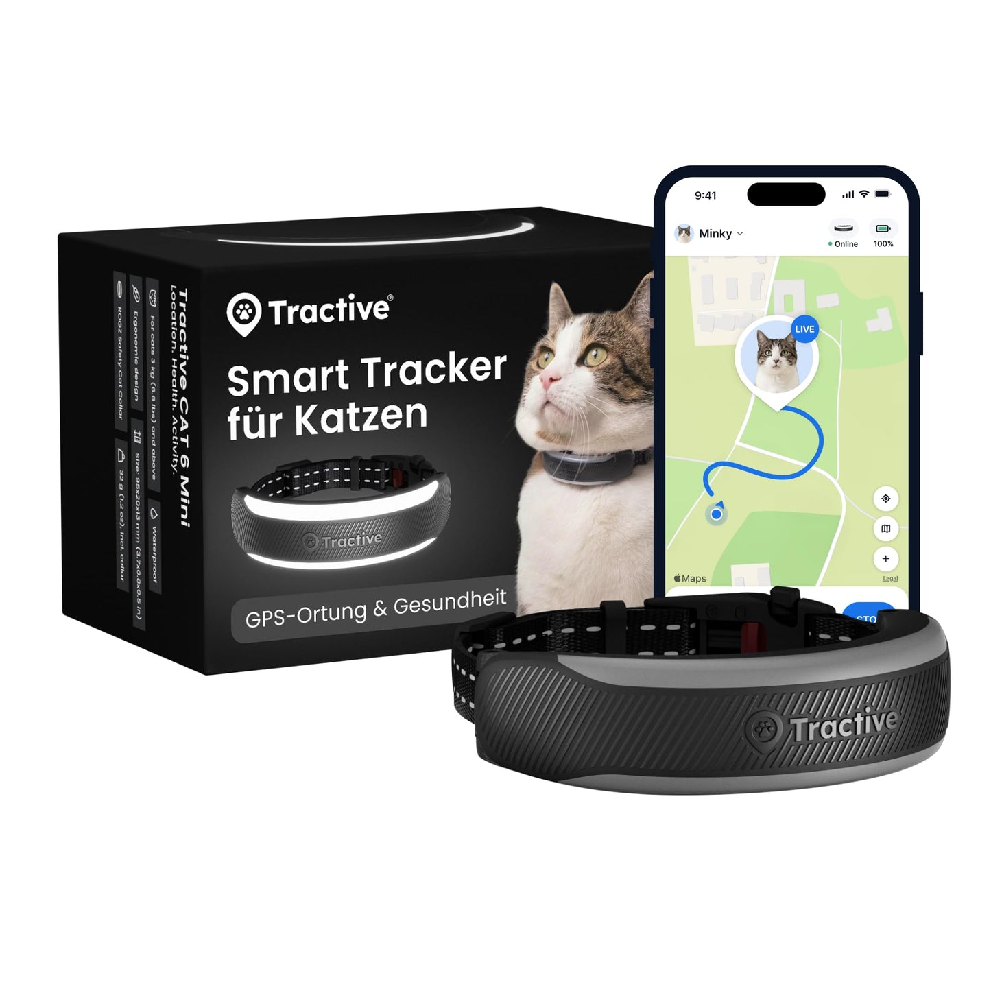 GPS trakeris kaķiem Tractive Smarter Mini | Modelis 2026 | Tirgus līderis | Tiešraides atrašanās vieta | Veselības brīdinājumi un vitālie rādītāji | Drošības aizdare | Iebūvēta kakla siksna (Melns)
