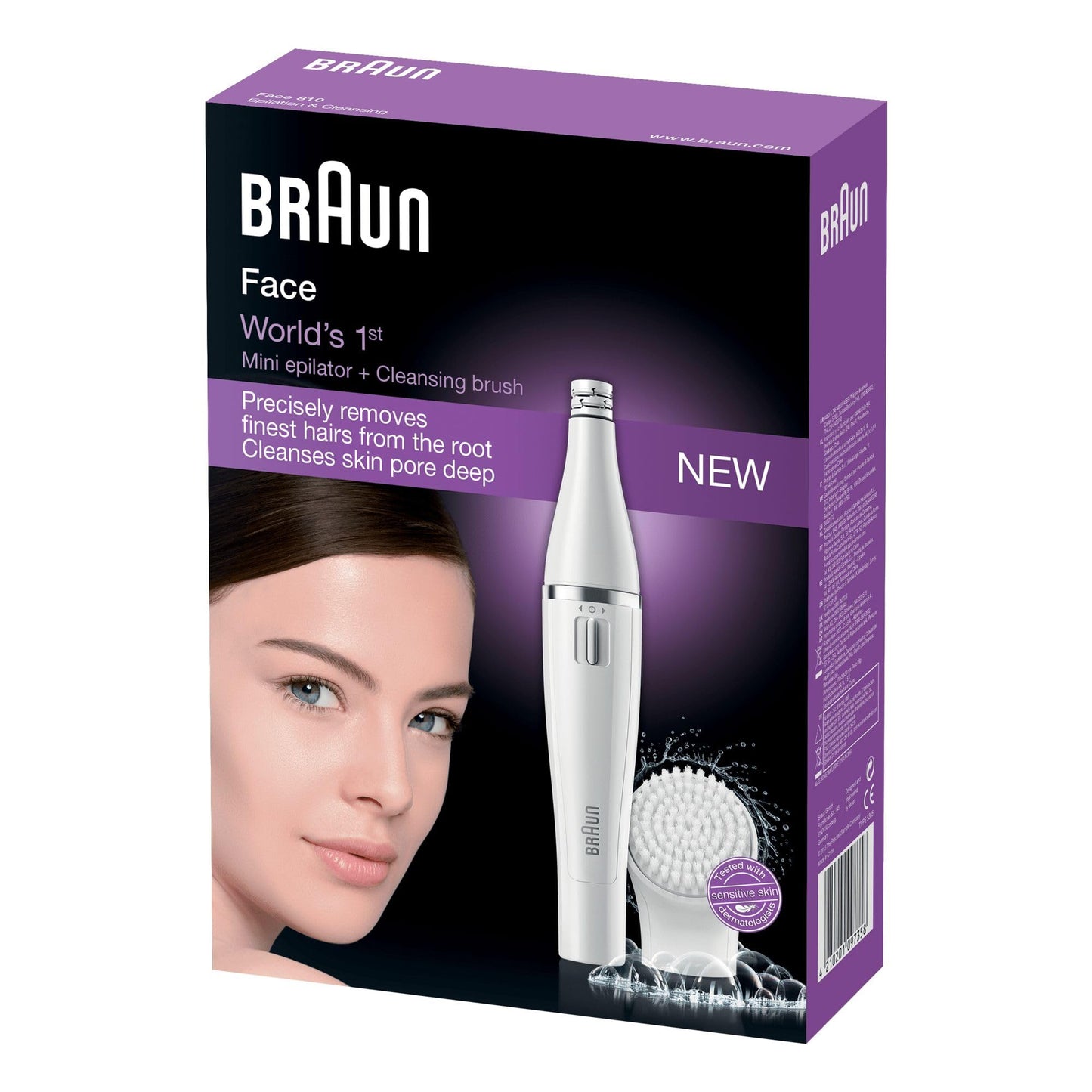 Braun FaceSpa sejas epilators sievietēm / sieviešu bārdas noņemšanas ierīce, sejas attīrīšanas birste, matu noņemšana un attīrīšana, 810, balta/sudraba