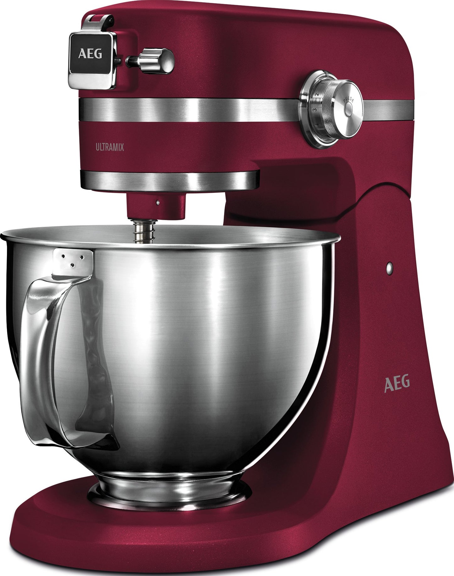 AEG KM 5520 virtuves mašīna / piederumi / 1,6 ZS / 10 ātrumu līmeņi / impulsu funkcija / LED gaisma / aromāta vāks / pilnīgi metāla korpuss / 4,8 l un 2,9 l nerūsējošā tērauda maisīšanas trauki + izsmidzināšanas aizsargs / sarkans