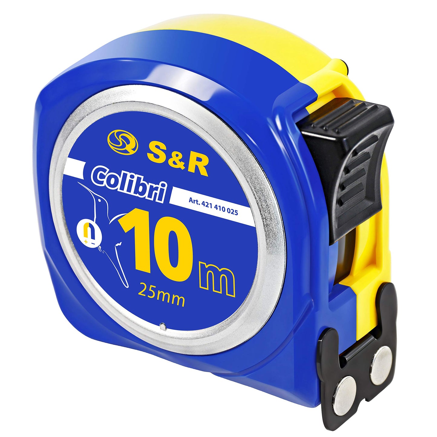 Mērlente S&R 10 m x 25mm ar MAGNĒTISKU āķi, kompakts ruļļmērs, neilona pārklājuma mērlente, triecienizturīgs korpuss, fiksators, mērlente ar jostas klipsi