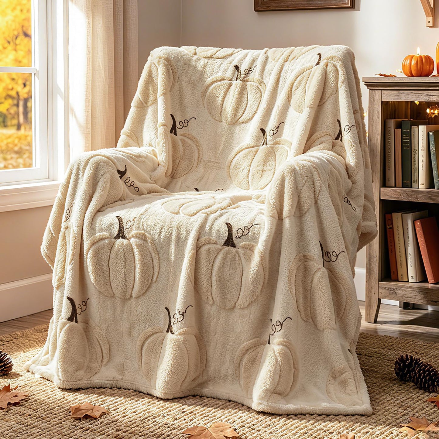 Herbstliche Kürbisdecke EVERLORIA 130x150 cm, weiche Plüschdecke mit Kürbisstickerei, warme Sherpa-Fleecedecke für Sofa, Bett und Herbstdeko, Beige